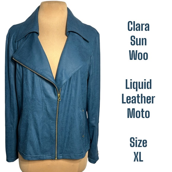 CLARA SUNWOO Jackets & Blazers - Clara Sunwoo Blue Liquid Leather Moto Jacket Size XL